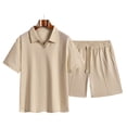 thumbnail image 4 of Men's 2 Pieces Outfits Casual Polo Shirt and Shorts Set Collar Athletic Jogging Jacquard Textured Summer Tracksuit Khaki, 4 of 5