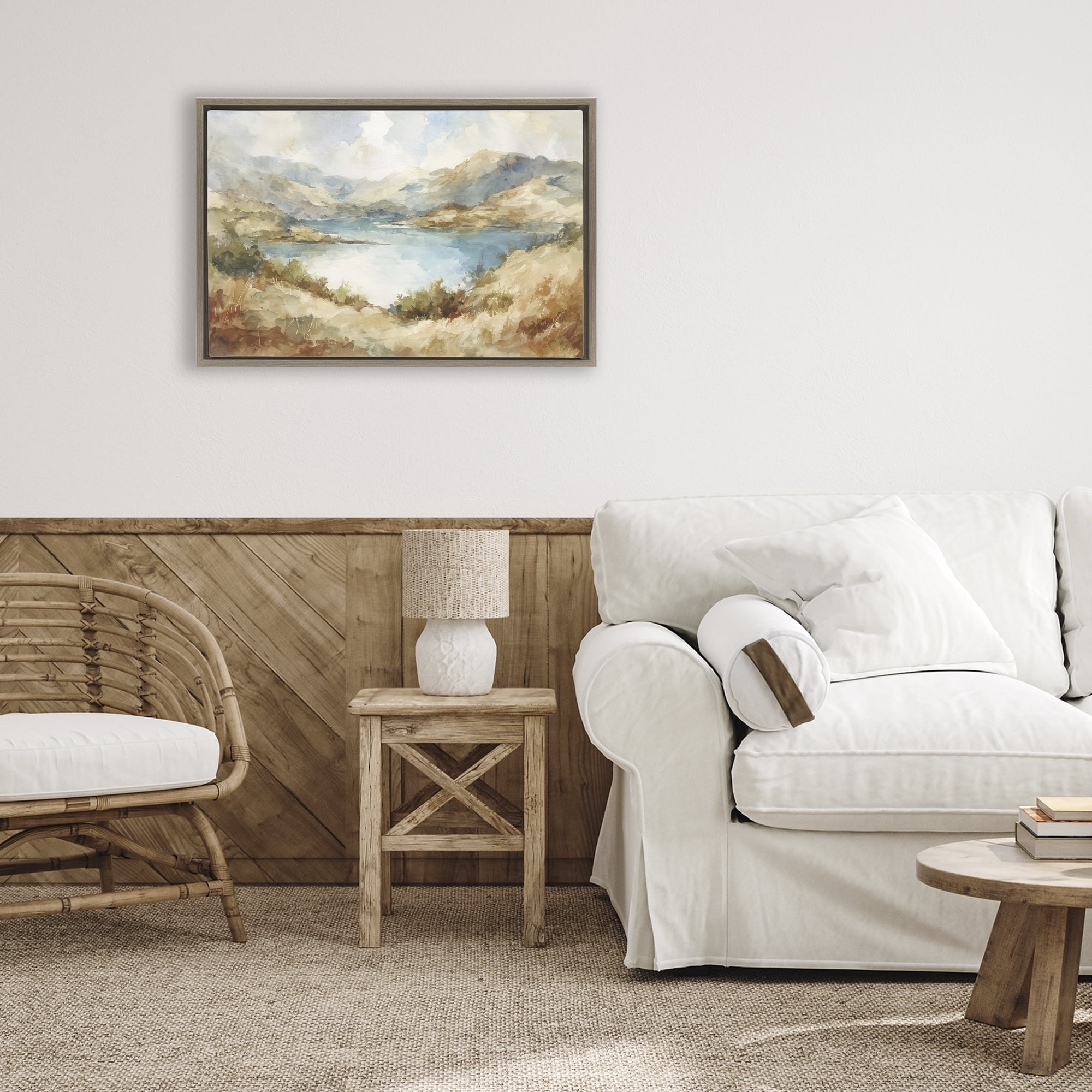 Stupell Industries Secret Mountain Lake Panorama Brown Framed Floater Canvas Wall Art, design by Petal Prints Design