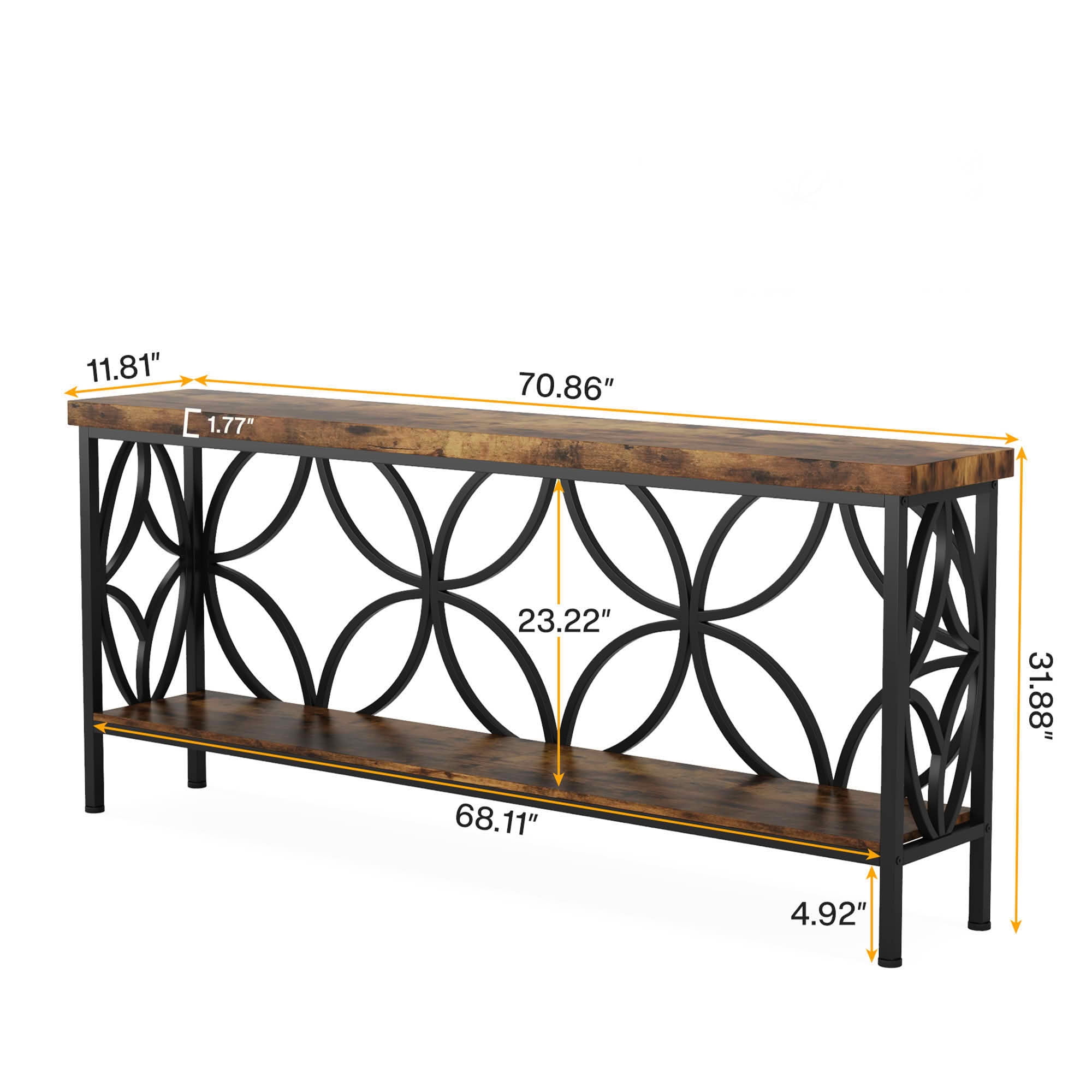 MAYEERTY 70.9" 2-Tier Industrial Console Table, Rustic Wood Top Black Metal Frame Sofa Table with Adjustable Floor Pads