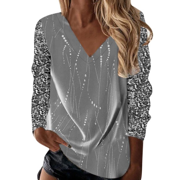 Gibobby Camisa Elegante Para Mujer Camiseta de manga larga con cuello en V y estampado a la moda para mujer(Gris, M)