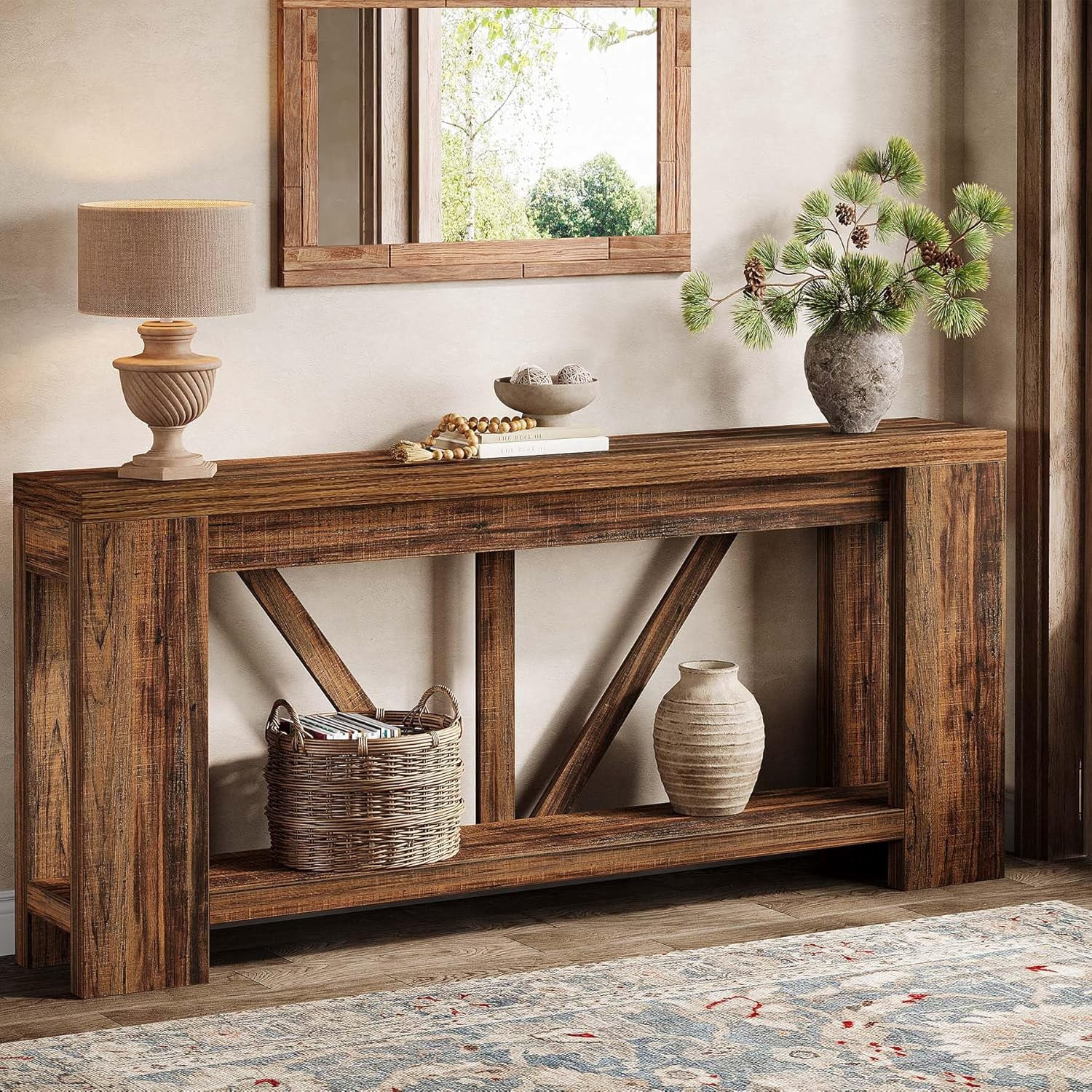 Finmind 70.9-Inch Extra Long Console Table with Storage for Entryway, Hallway, Foyer, Living Room, Brown