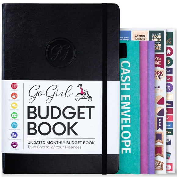 GoGirl Carnet de Budget - Planificateur Financier Mensuel Coloré Non Daté. Planificateur de Budget & Suivi des Dépenses pour Atteindre les Objectifs Financiers, Dure 1 An, Bonus 3 Enveloppes de Cash, A5 Couverture Rigide - Noir