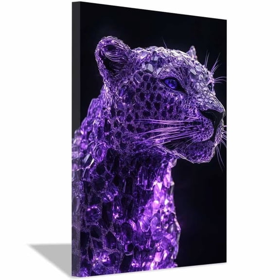 Mudket Framed Purple Crystal Leopard Canvas Wall Art, Glamorous Sparkly Animal Print Wall Decor, Ready to Hang - 12"L x 8"W