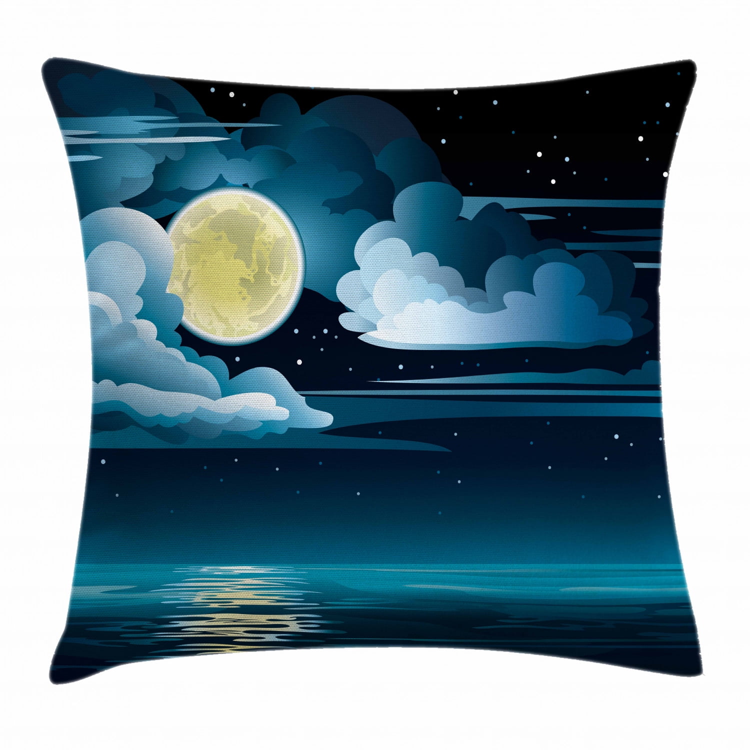 Night Throw Pillow Cushion Cover, Clouds Full Moon and Stars Over the