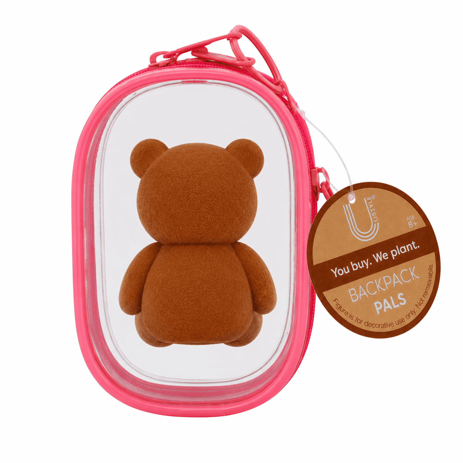 U Style Flocked Figure Trinket Pouch Keychain, Brown Bear, Pink Case