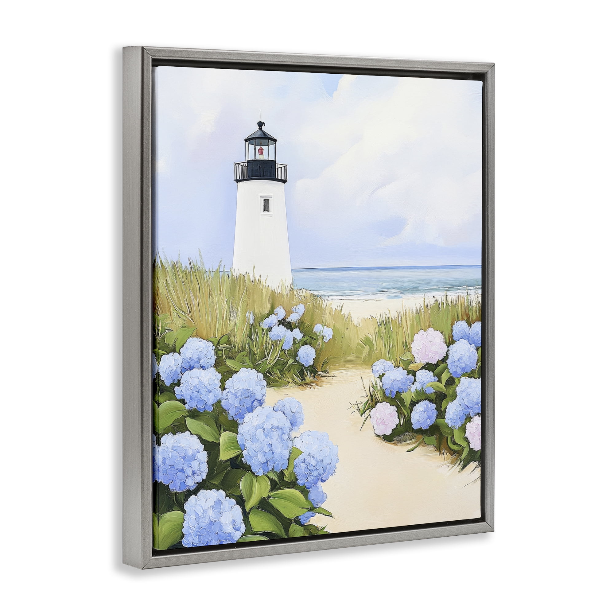 Stupell Industries Hydrangea Path Leading to Lighthouse Gray Framed Floater Canvas Wall Art, design by Sisi and Seb