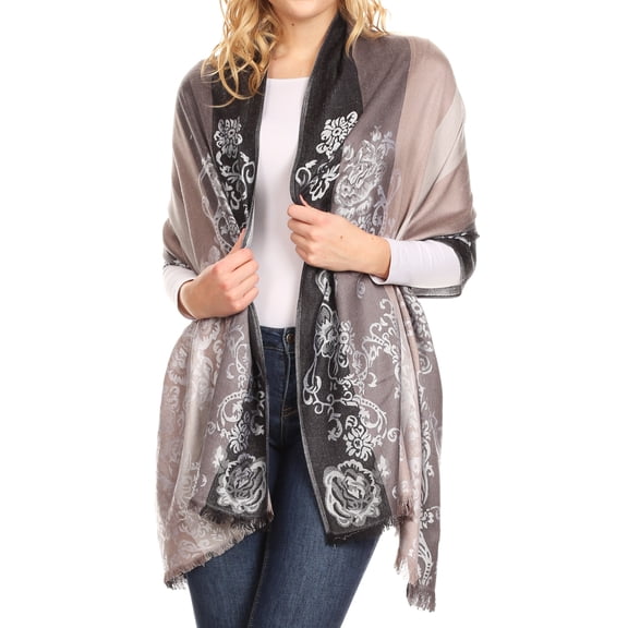 Sakkas Damari Women's Silky Soft Reversible Border Woven Pashmina Scarf Shawl Wrap - Light Grey - One Size Regular