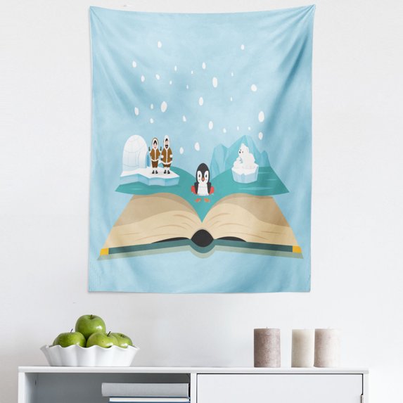North Pole Tapestry, Iglo Eskimo Polar Bear Penguin on a Book Fiction Land, Fabric Wall Hanging Decor for Bedroom Living Room Dorm, 5 Sizes, Pale Blue and Multicolor, by Ambesonne