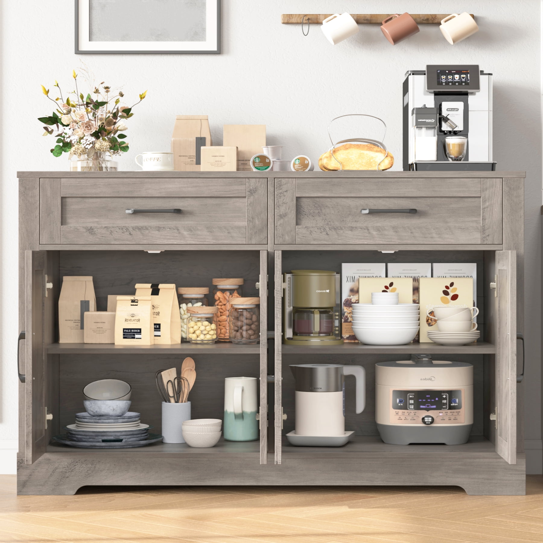 Homfa Buffet Cabinet with 2 Drawers and 4 Doors, Kitchen Sideboard Storage Cabinet, Farmhouse Coffee Bar Cabinet for Dining Room, White & Brown, Gray