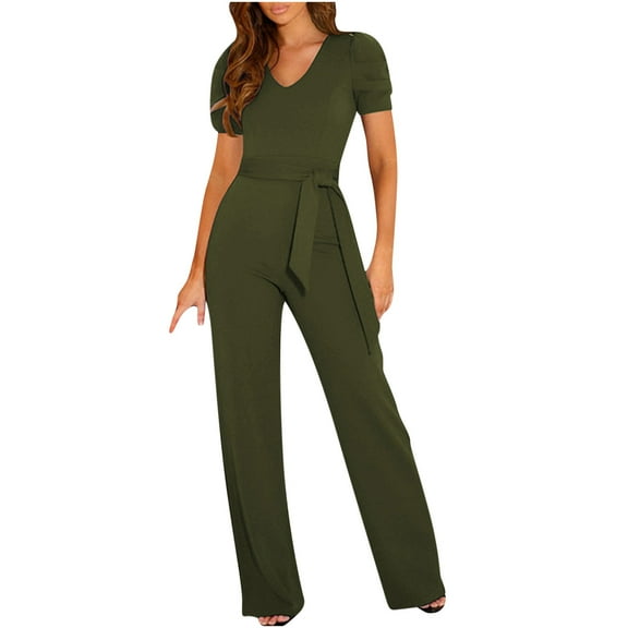 lulshou Jumpsuits for Women, Women Strappy Waist Up Short Sleeved Jumpsuit with V-Neck Wide Leg Pants Women's Jumpsuits, Rompers & Overalls, Green XXXL