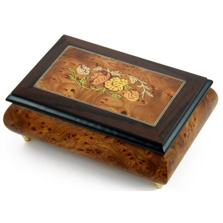Traditional Style 30 Note Floral Theme Wood Inlay Music Jewelry Box - Happy Birthday To You