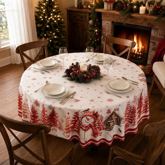 Christmas Round Tablecloth 60 Inch, Xmas Red Snowman and Tree Table Cover, Polyester Decorative Table Cloth for Home Kitchen Dining, Winter Holiday Decor, Festive and Durable