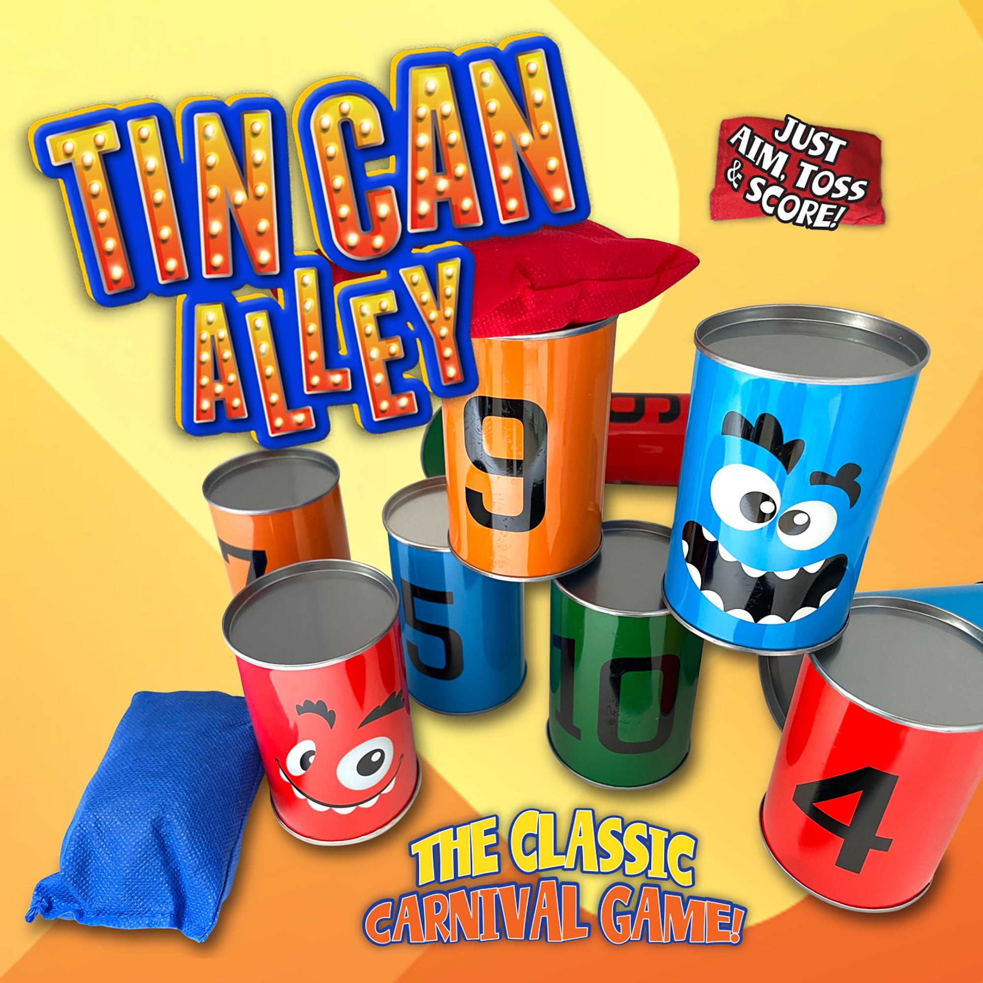 Thin Air Games: Tin Can Alley - Classic Carnival-Themed Bean Bag Toss Game, 10 Silly-Faced Cans & 3 Bags, In-Outdoor Fun, Family & Kids, 2-4 Players