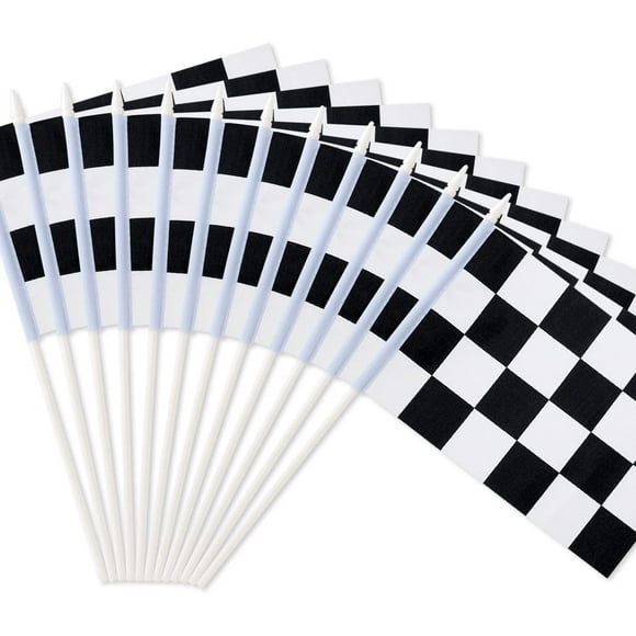 Novelty Place 8"x5.5" Checkered Black and White Racing Stick Flag - Plastic Stick - Decorations for Racing, Race Car Party, Sport Events (12 Pack)