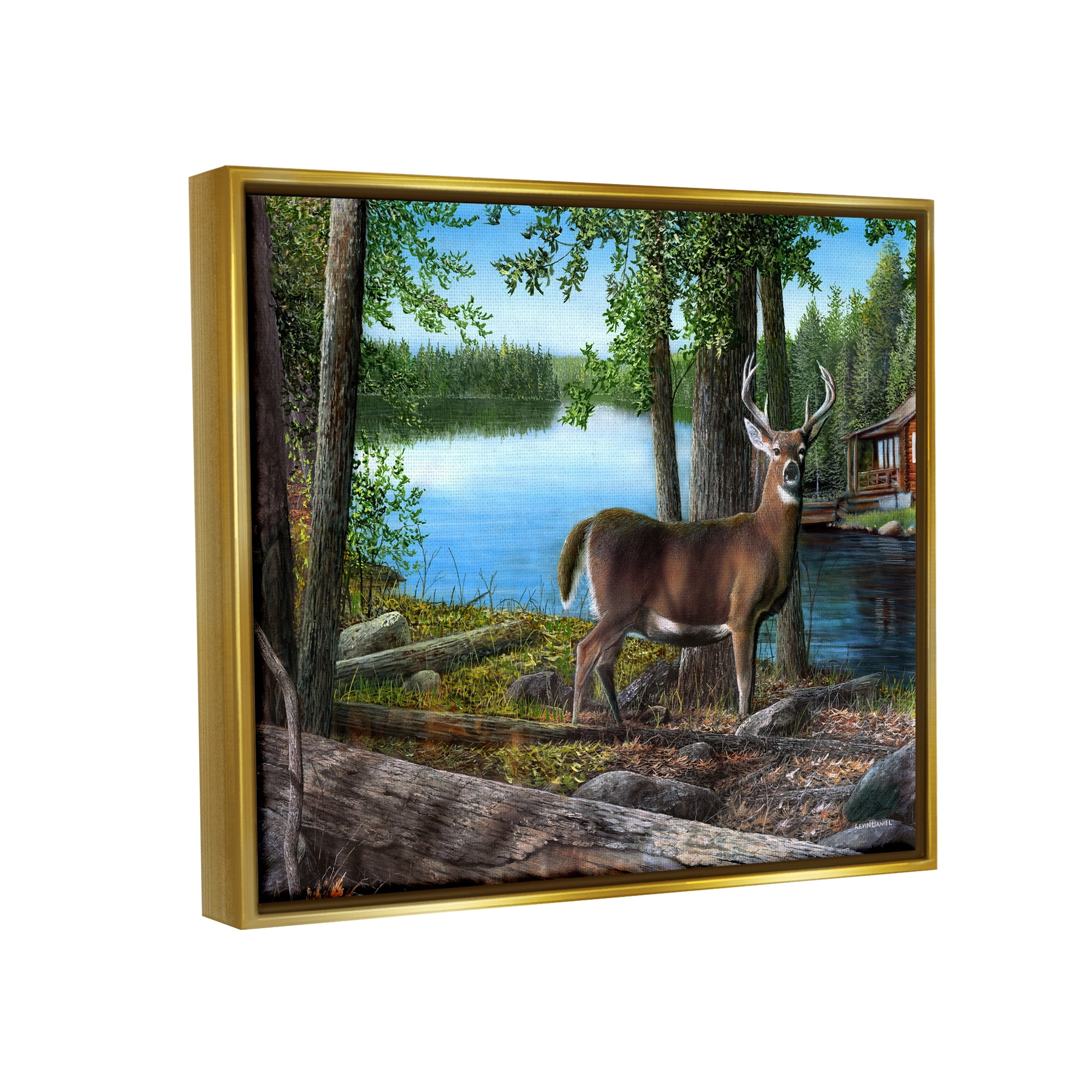 Stupell Industries Deer in Lake Cabin Forest Animals & Insects Painting Gold Floater Framed Art Print Wall Art, 21 x 17