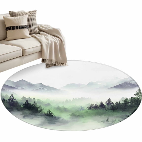 Retro Trees Plants Round AreaRug 3.3ft Green Mountain Forests Birds Non-SlipWashable Circle Rugs Soft Felt Indoor Floor Mat for Bedroom Kitchen Living Room Bathroom