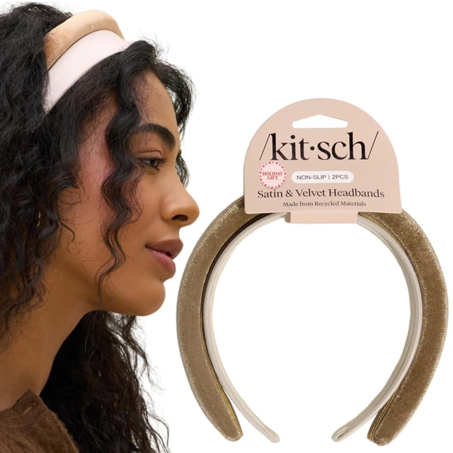 Kitsch Velvet & Satin Headbands for Women - Non Slip, Soft and Lightweight - Stylish Headbands for Girls with Chic Neutral Shades | Ideal Gifts for Women - Cream & Camel, 2pc Set
