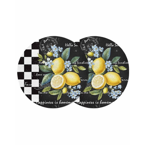 Summer Lemon Round 13 Inch Placemats Set of 2, Vintage Black Plaid Blue Spring Floral HeatResistant Non Slip Place Mats for Dining Table, Wipeable Braided Kitchen Table Mats for Housewarming