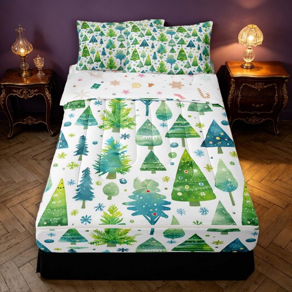 Manfei Festive Christmas Tree Zipper Twin Comforter Sets with Fitted Sheet and 2 Pillowcases,Traditional Polka Dot Zipper Bedding Set,Green White,Christmas Reversible,4pcs