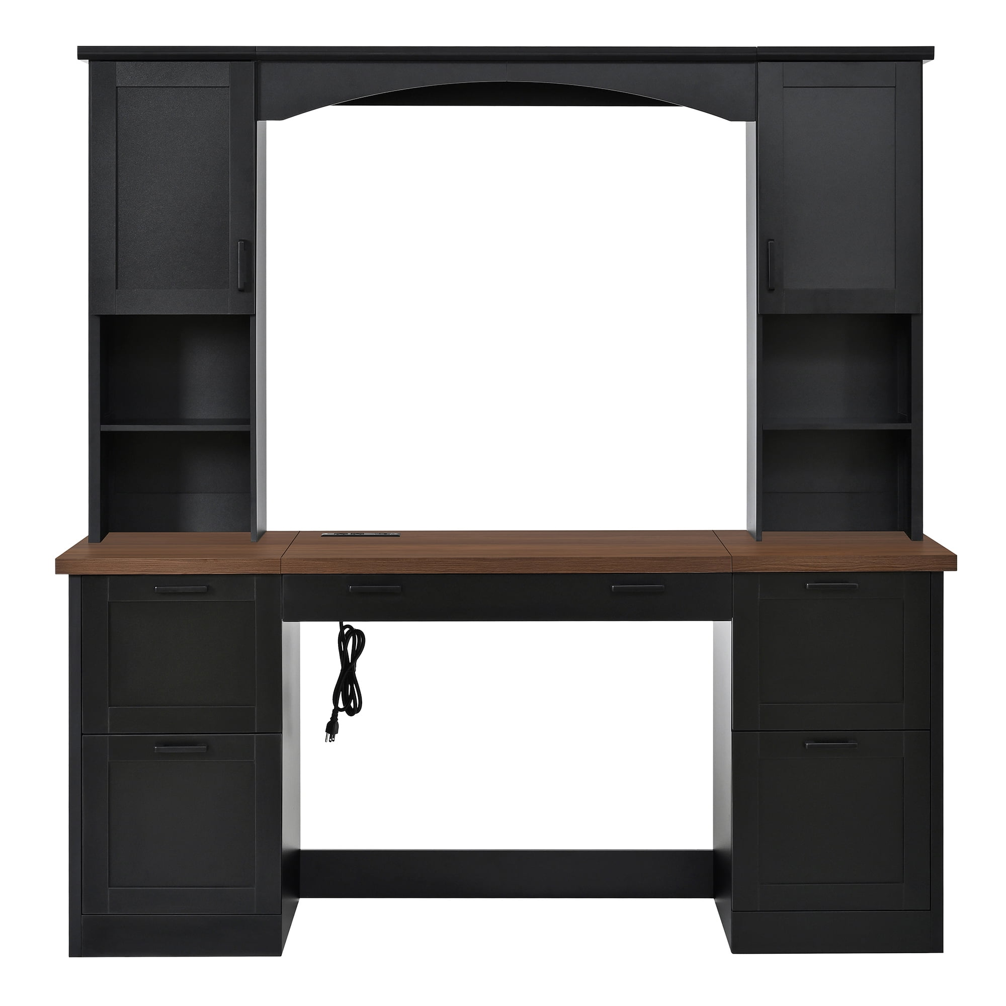 Mintazer 67.5" Farmhouse Arched Computer Desk with Hutch & File Drawer, Home Office Workstation with Charging Station & Keyboard Tray for Study Office, Black
