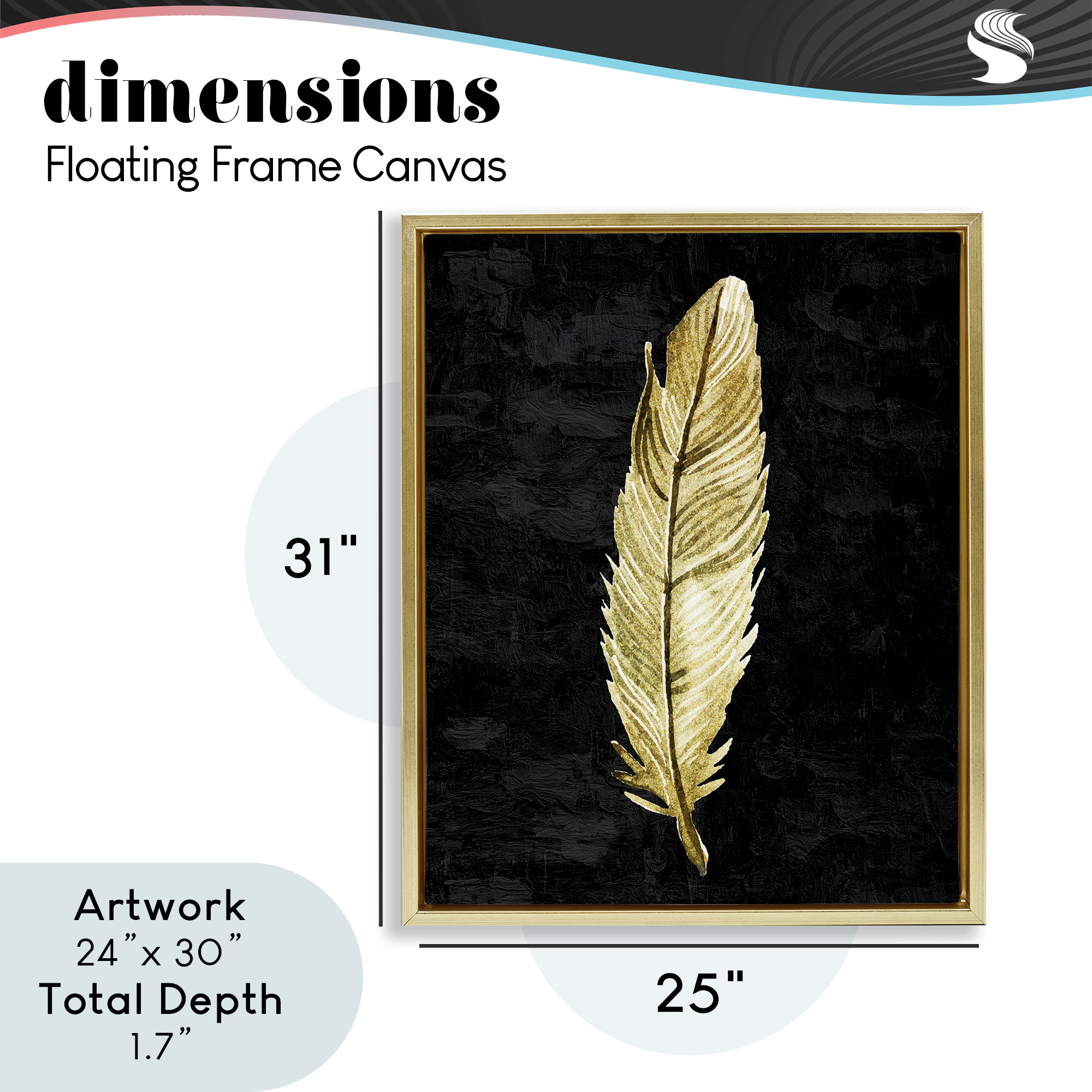 Curved Feather on Black Gold Framed Floater Canvas Wall Art, design by Kim Allen