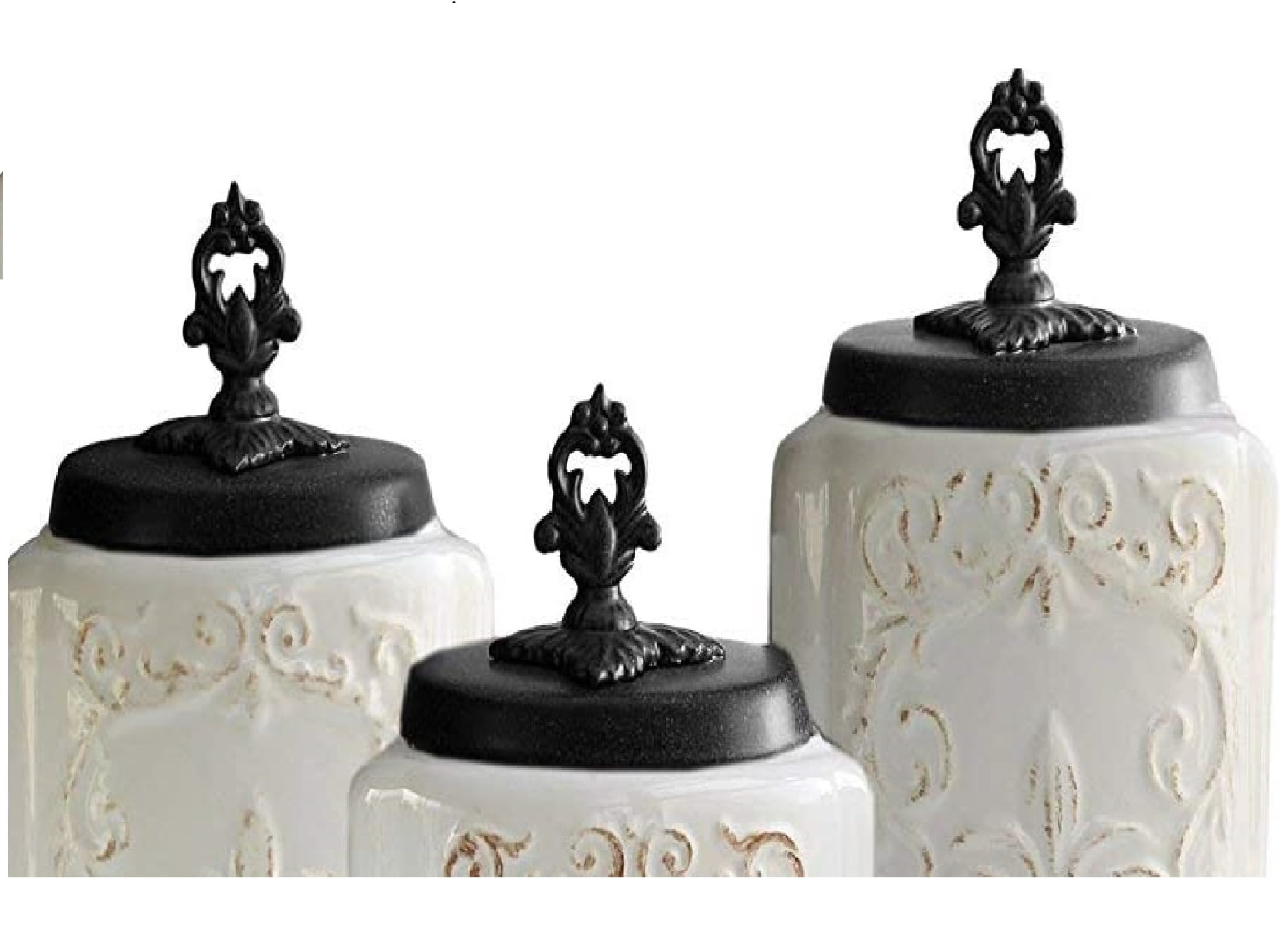 American Atelier, Round, White Antique Ceramic Kitchen Canister Set of 3, 60.5oz, 74.5oz, 84.5oz