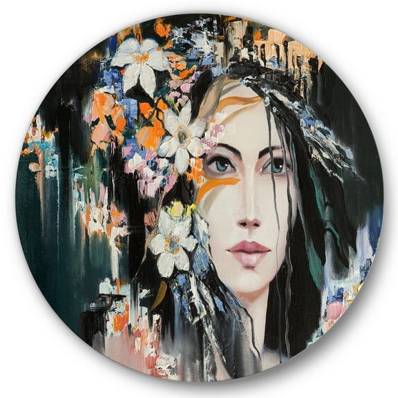 Designart 'Portrait Of A Young Woman With Flowers I' Modern Circle Metal Wall Art 36x36 - Disc of 36