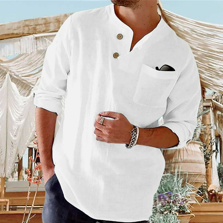 Aimik Hanes Men's Linen Henley Shirts Long Sleeve Collarless T