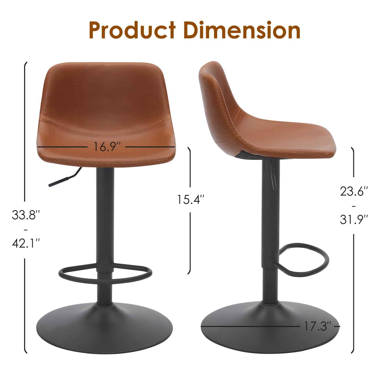 STARY Adjustable Bar Stools Set of 2, Modern Swivel Bar Stools, Bar Height Stools with Back Support, Pu Leather Bar Stool for Kitchen Island Counter