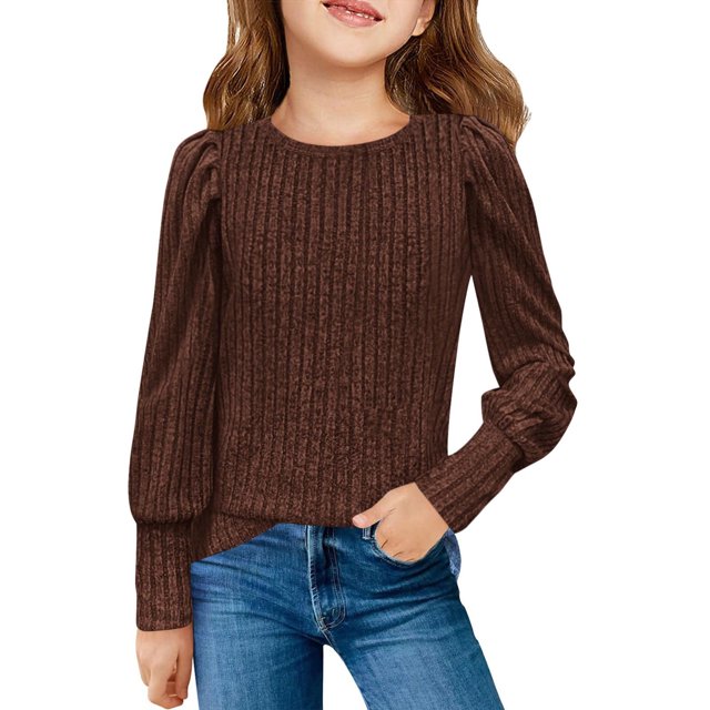 Plebaso Girls Ribbed Puff Long Sleeve Knit Shirts 5-14 Years Blouse Casual Pullover Lightweight Tunic Tops
