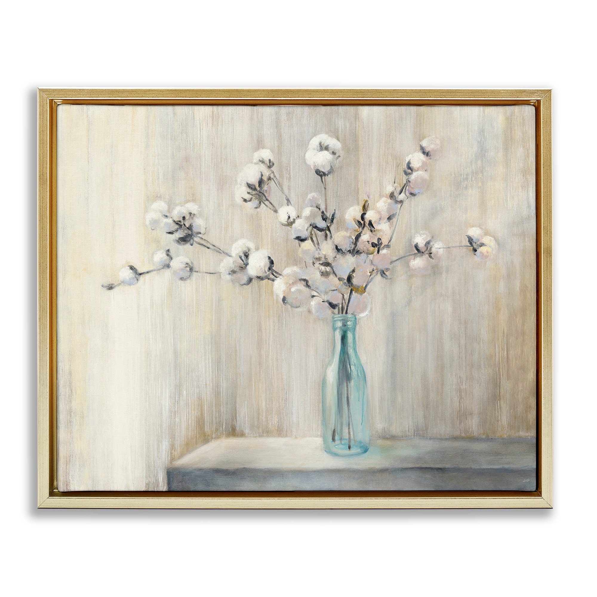 Stupell Industries Beautiful Cotton Flower Grey Brown Painting Metallic Gold Framed Floating Canvas Wall Art, 16x20, by Julia Purinton