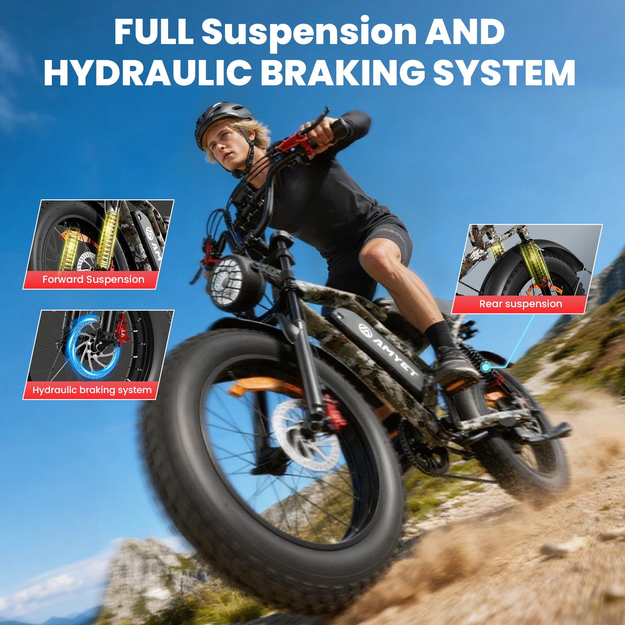 AMYET S8-S Electric Bike 1000W(1500W Peak), 48V 20Ah, 20"x4.0" Fat Tire Ebike for Adults, Hydraulic Disc Brakes E-Mountain Bicycle, UL2849