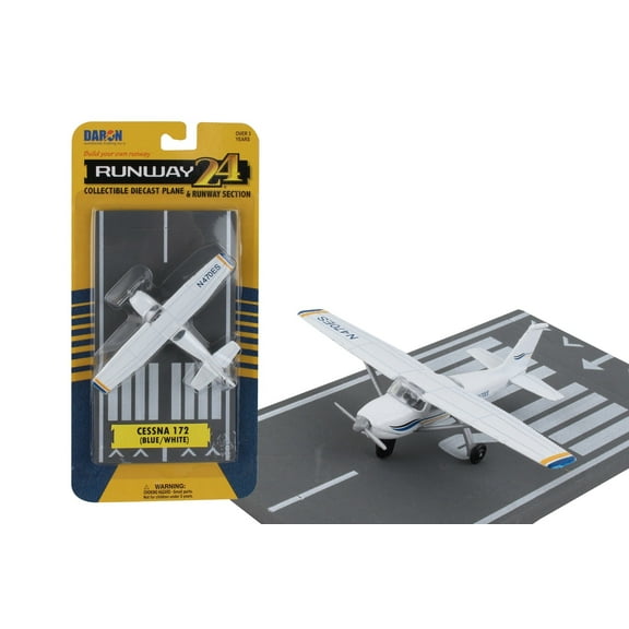 Cessna 172 Aircraft White with Blue and Yellow Stripes "N470ES" with Runway Section Diecast Model Airplane by Runway24