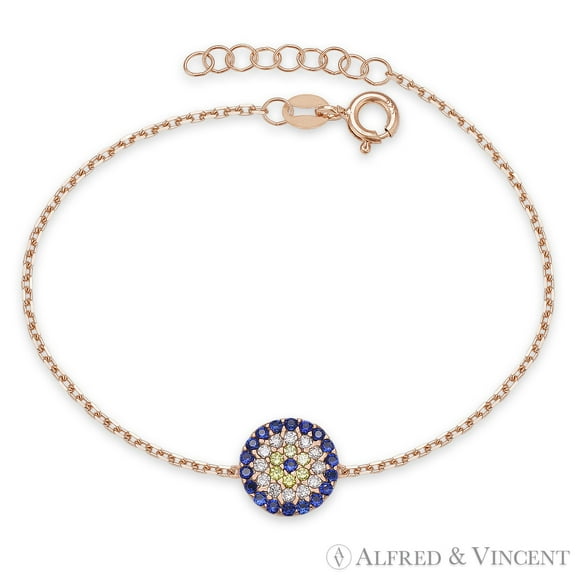 Evil Eye Turkish Nazar Charm Bracelet w/ Cubic Zirconia Crystals in .925 Sterling Silver