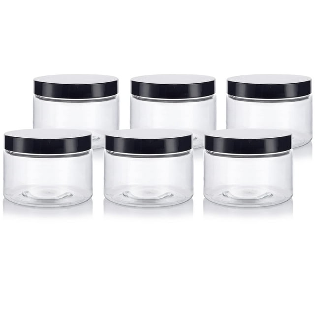 12 Oz Clear Pet Plastic Refillable Low Profile Jar With Black Smooth Lids (6 Pack)