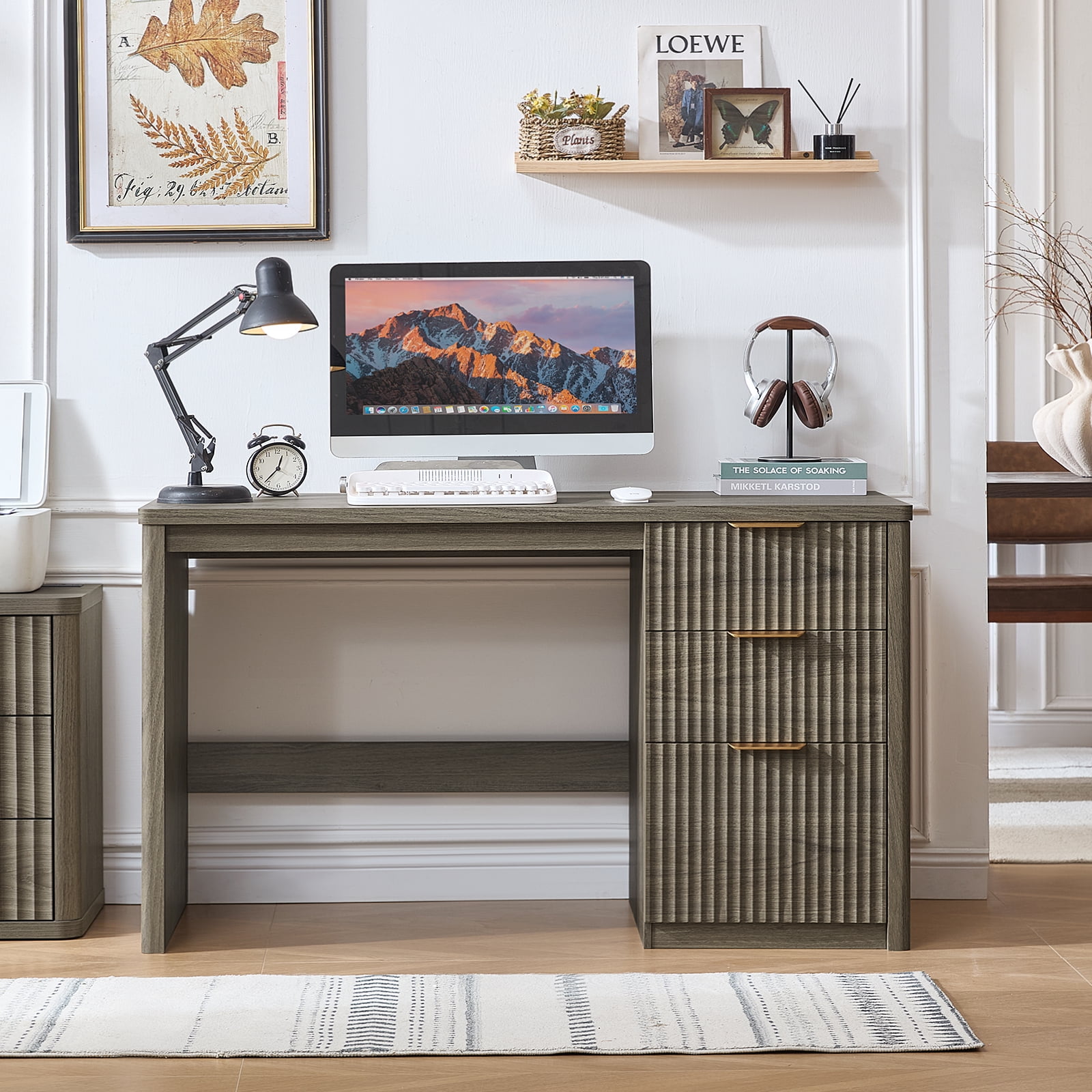 Leyaoyao 48" Fluted Computer Desk with 3 Drawers & Metal Handles, Modern Executive Desk, Writing Desk for Home Office Bedroom, Grey Oak