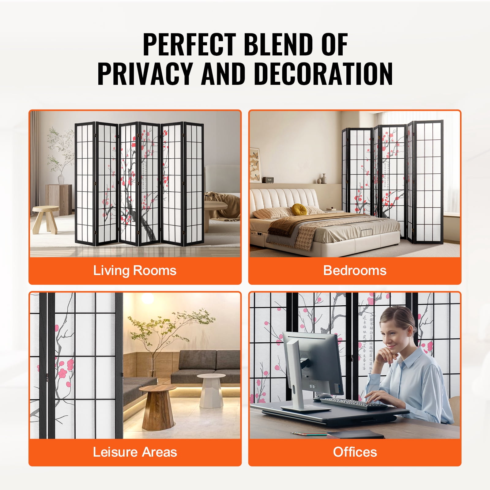 KFFKFF Partition Screen, 6-Section Indoor Privacy Barrier, Foldable Wooden Room Separator, Japanese-Style Portable Decorative Divider, Ideal for Living Space, Workspace, Dining Area