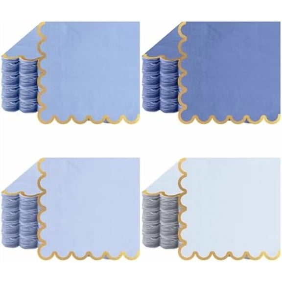 100 Pack Scalloped Cocktail Napkins with Gold Foil Accents Beverage Napkins Scalloped Disposable Paper for Wedding Shower Baby Dinner Birthday Party Supplies 5 x 5''(Blue)