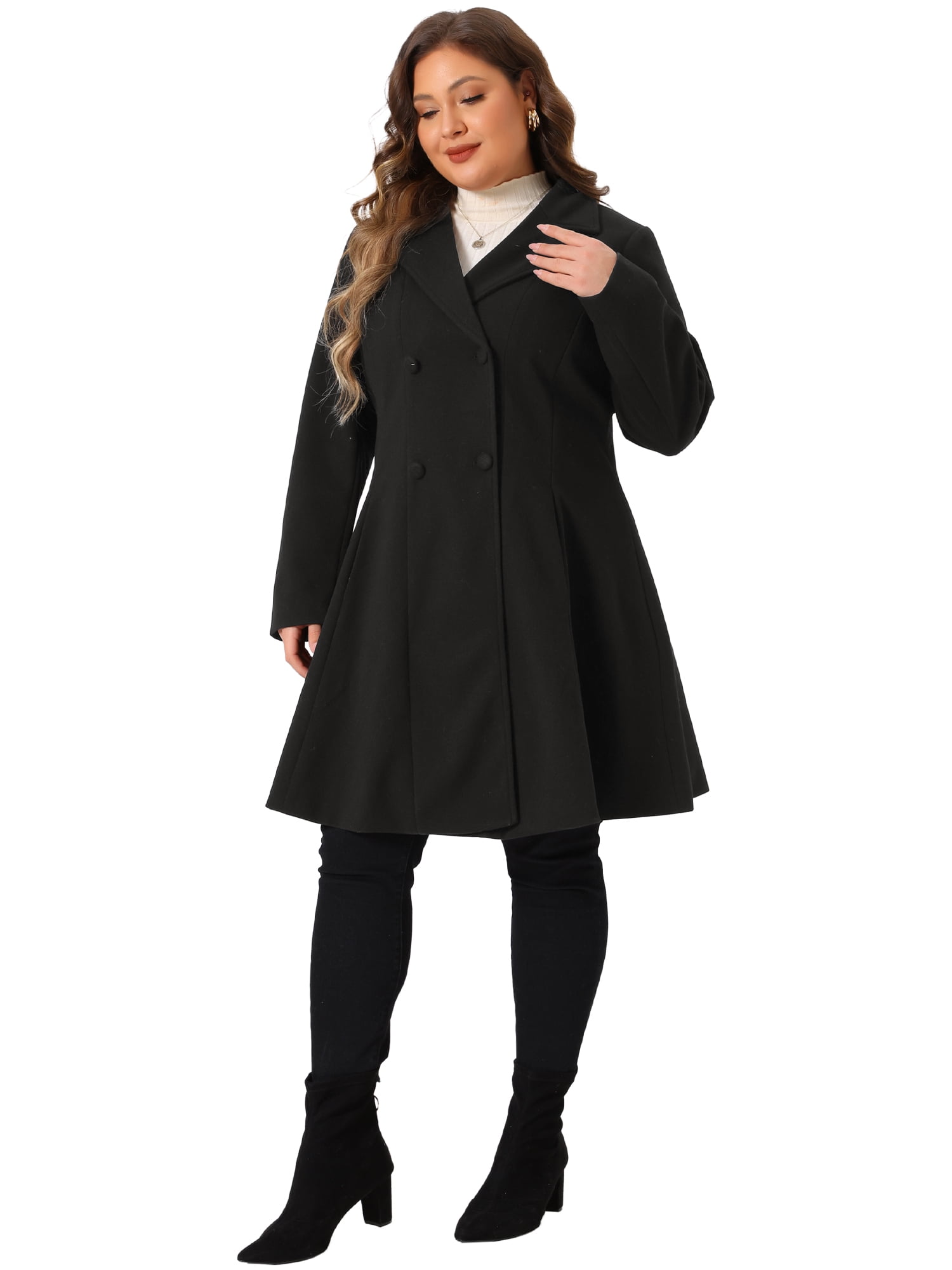 DARING DIVA Women's Plus Size Notch Lapel Double Breasted A Line Peacoat 1X Black