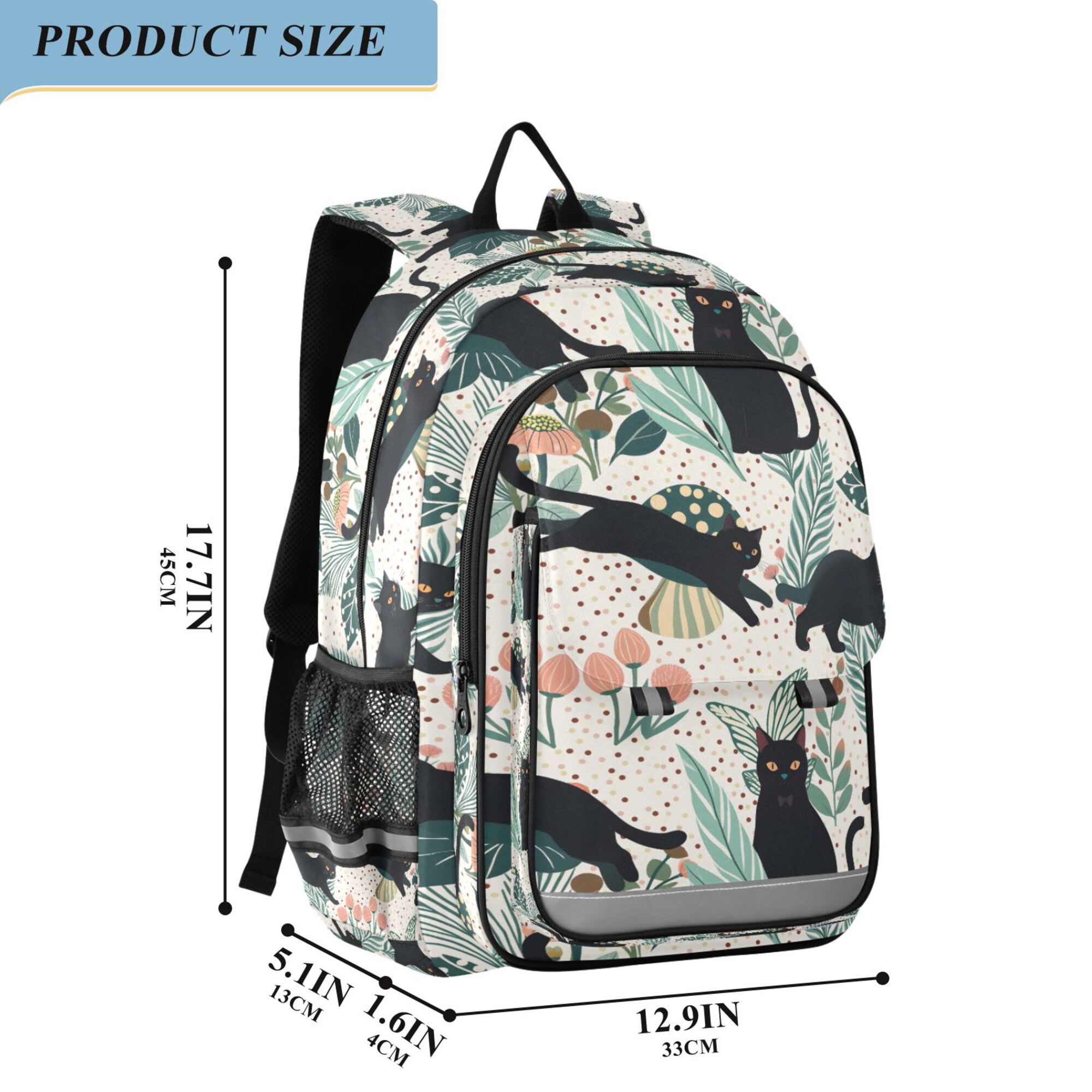 Mochila escolar unisex de 17", casual, para viajes, con bolsillos, estampado de gato negro 2