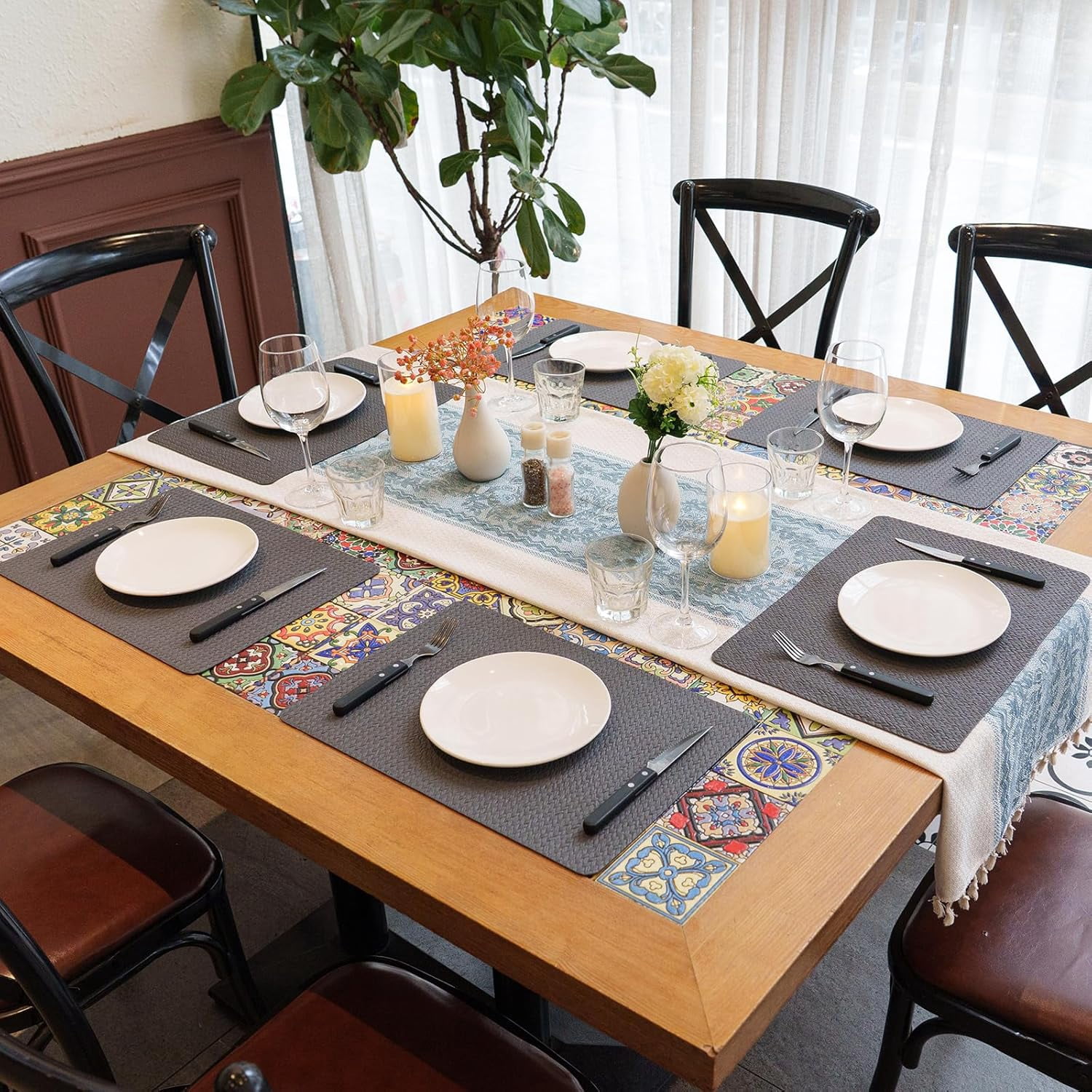 PROMATTOO Woven Embossed Placemats Set of 6,Heat Resistant,Faux Leather Dining Table Mat,Golden Beige