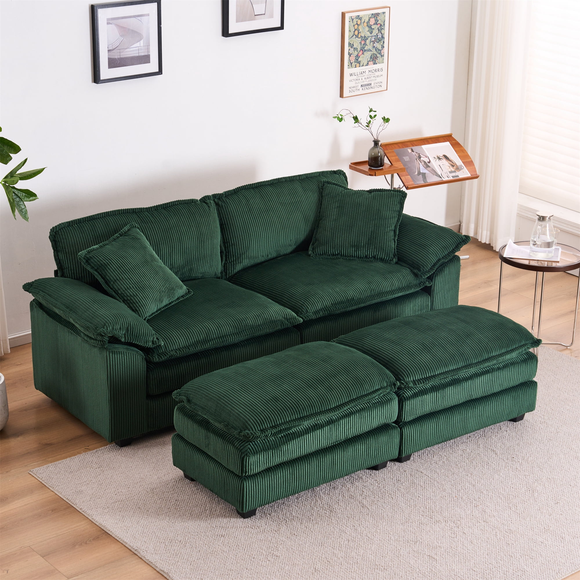 Aukfa Modular Sectional Couch Deep Seat Loveseat Sofa with 2 Ottoman for Living Room, 6 Pillows, Corduroy, Green
