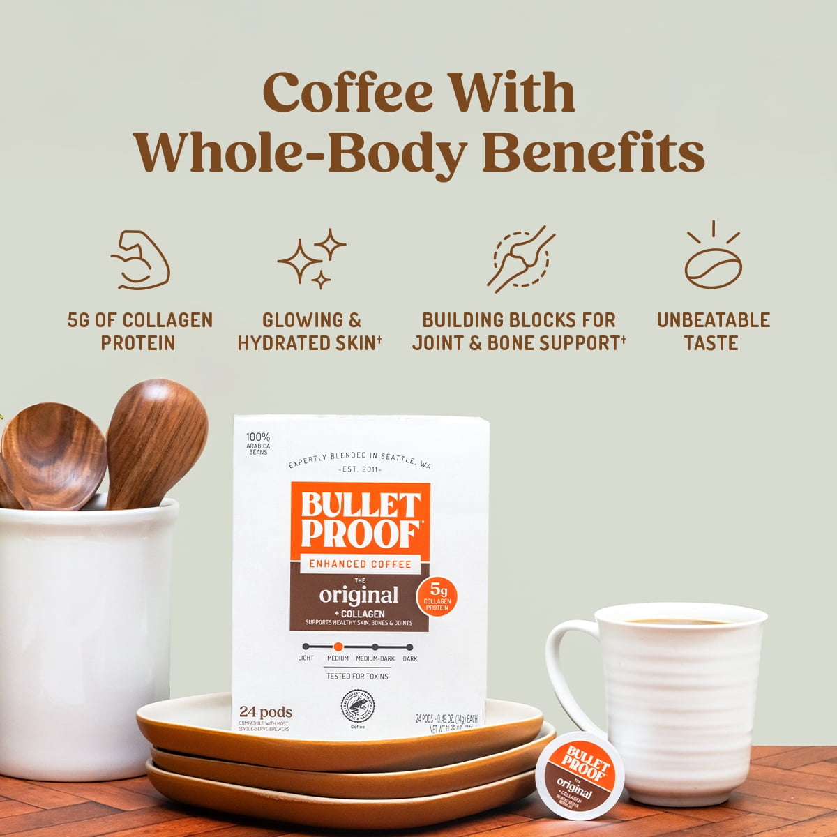 Bulletproof The Original + Collagen Single-Serve Coffee Pods, 24 Count, 100% Arabica Coffee Sourced from Central and South America with Collagen