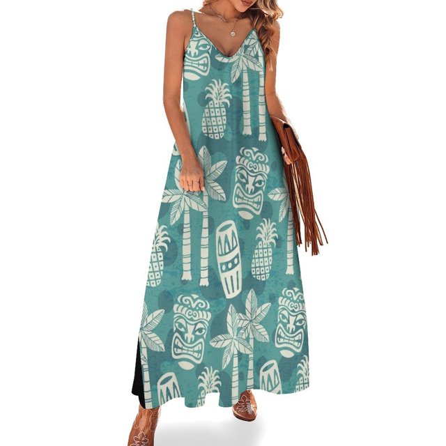 Vestido de fiesta sin mangas con patrón Tiki moderno retro de mediados de siglo 224, vestido de mujer holgado