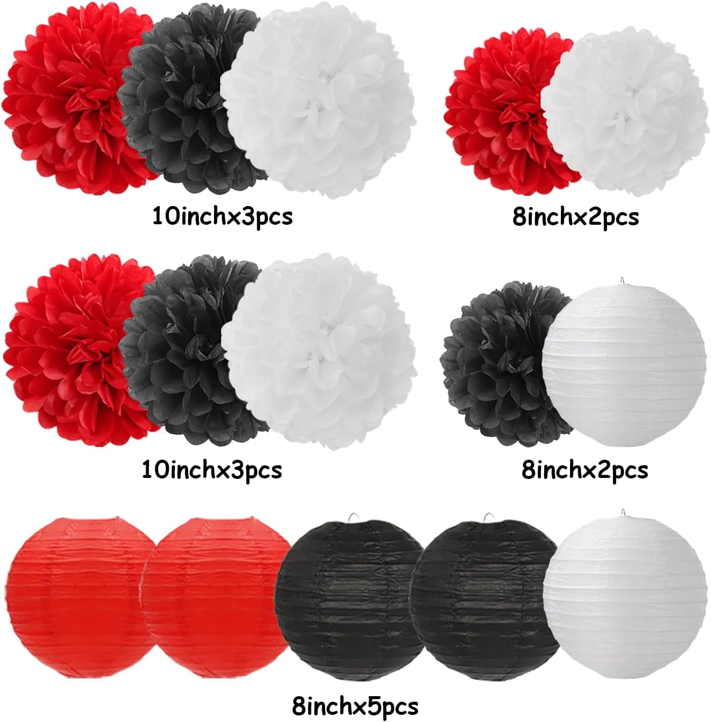 Red-Black White Party-Decorations Paper Flowers Lanterns - 15PCS Halloween Birthday Tissue Pom Poms Streamers,Wedding Baby Bridal Shower Hanging Supplies Decor