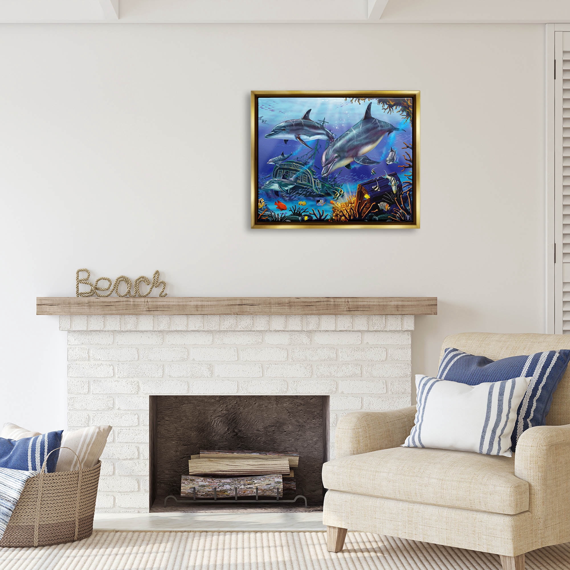 Stupell Industries Underwater Shipwreck & Treasure Coastal Painting Gold Floater Framed Art Print Wall Art