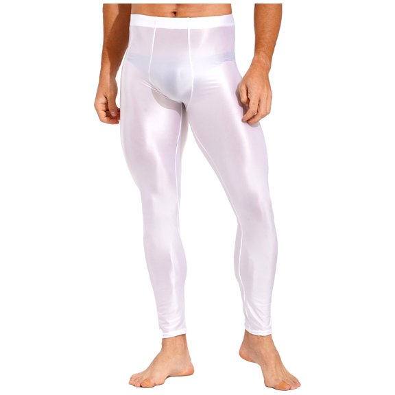 TiaoBug Men's Glossy Yoga Gym Compression Pants Leggings Stretchy Workout Sports Tights Trousers White M