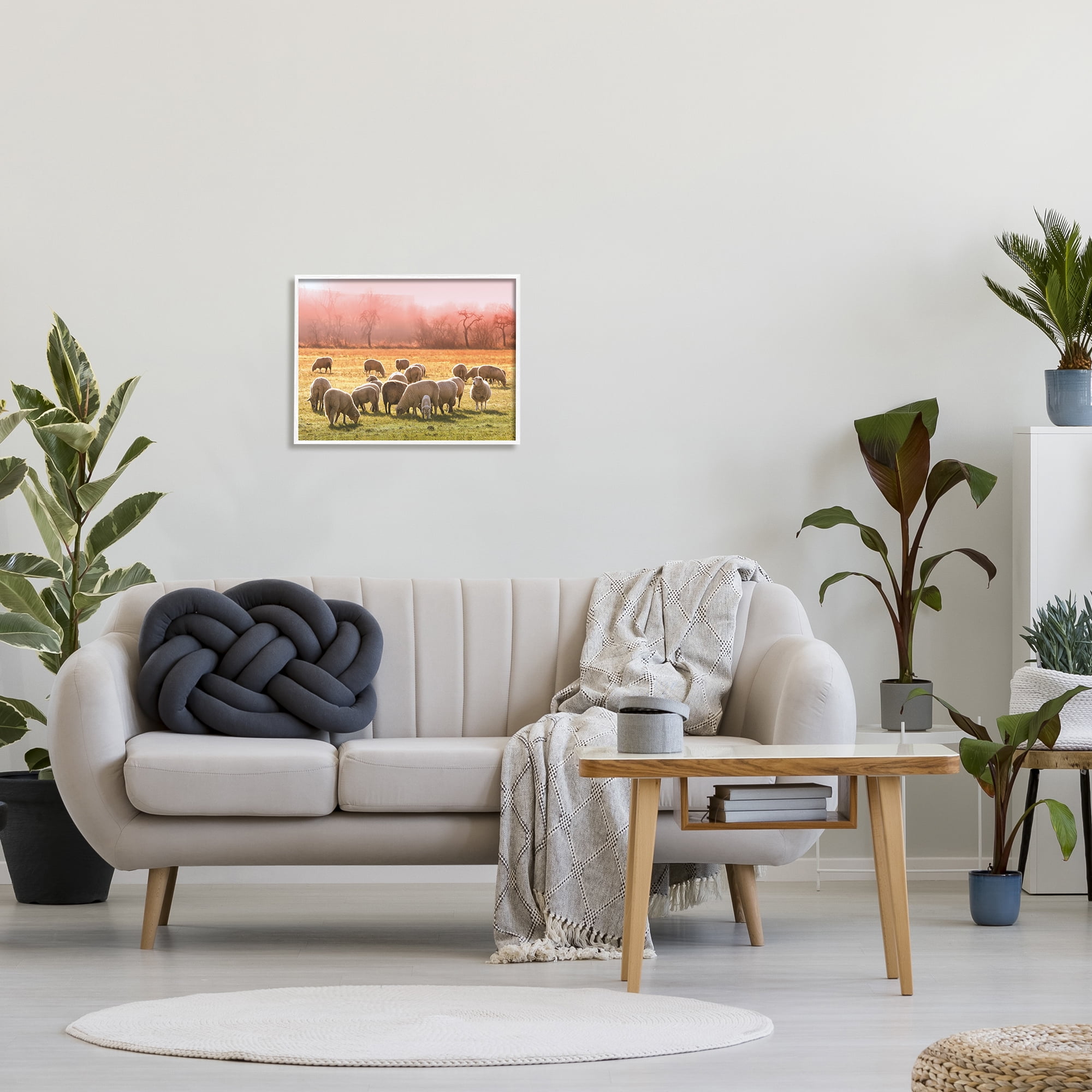 Stupell Industries Sheep Herd Grazing Warm Pink Sunset Rural Grassland Photograph White Framed Art Print Wall Art, Design by Daphne Polselli