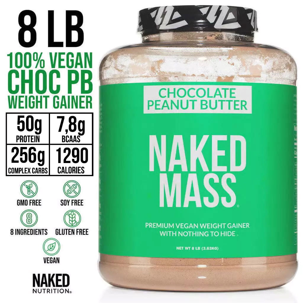 NAKED Chocolate Peanut Butter Vegan Mass - 1,290 Calories, Nothing Artificial, All Natural Chocolate PB Weight Gainer Protein Powder - 8LB Bulk, GMO Free, Gluten Free & Soy Free - 11 Servings