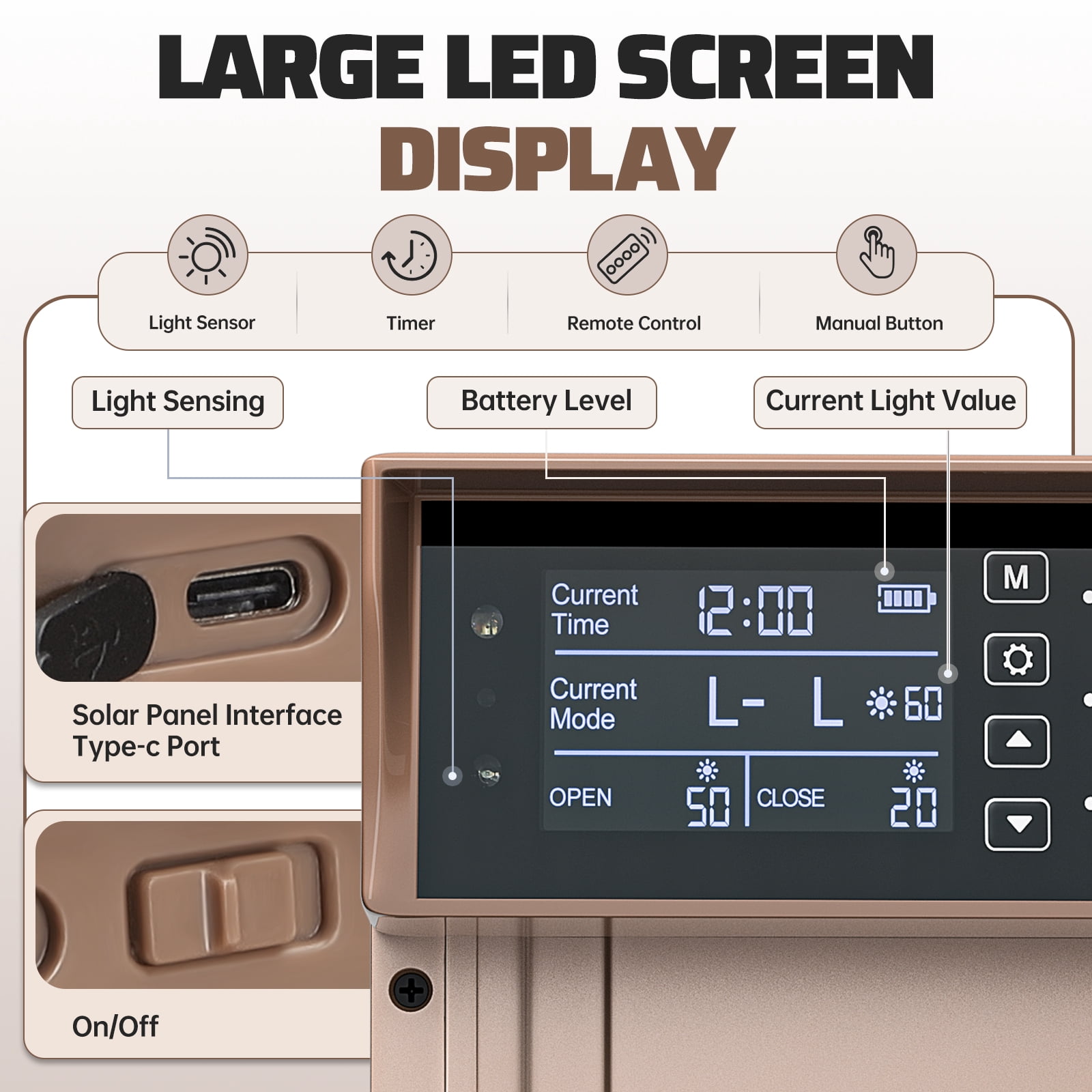 Automatic Chicken Coop Door Solar Powered Auto Chicken Door with Timer & Light Sensor, Anti-Pinch & Alert, LCD Screen, Remote Control Aluminum Waterproof,Gold